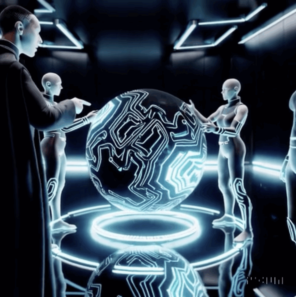 Holograms surounding and pointing to places on a digital orb