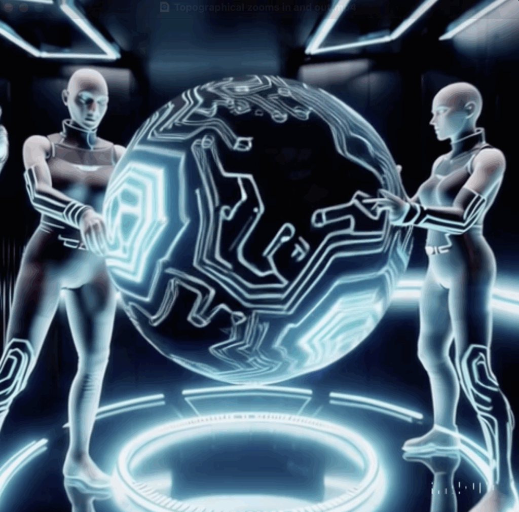 two holograms holding a digital orb