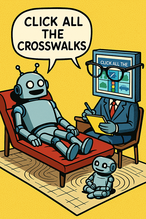 A captha on the psychologist couch saying "Click all the crosswalks"