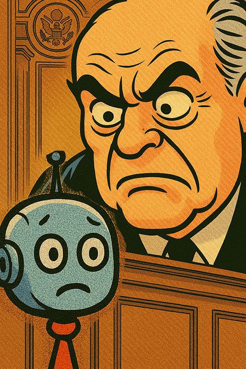 unhappy judge with fearful robot