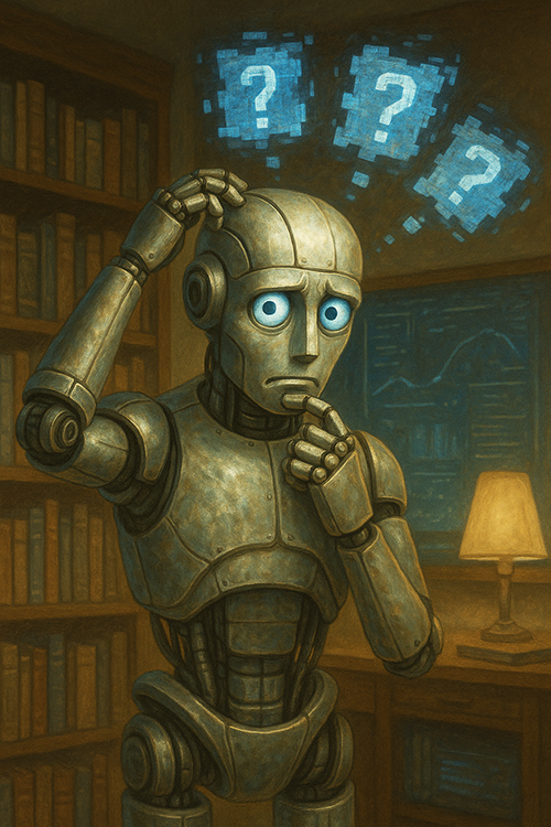 Robot with question marks above his head in a library