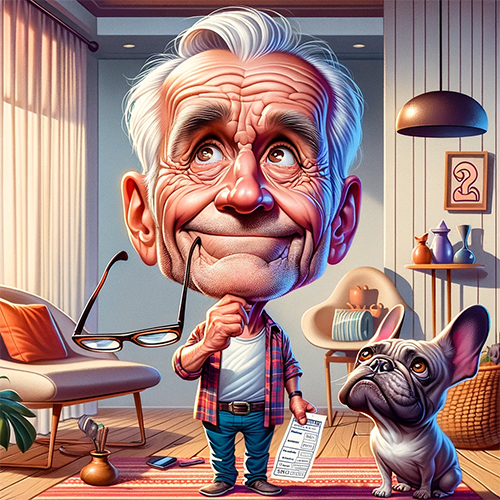 Older gentleman with dog, glasses fallen, dreaming an awake dream