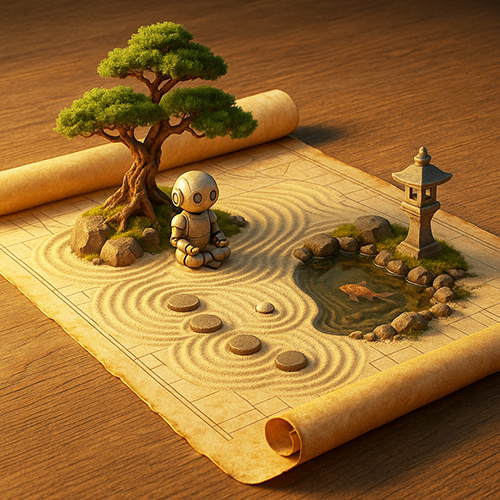 Small robot in miniature zen garden on an unfurled map with a bonzai.