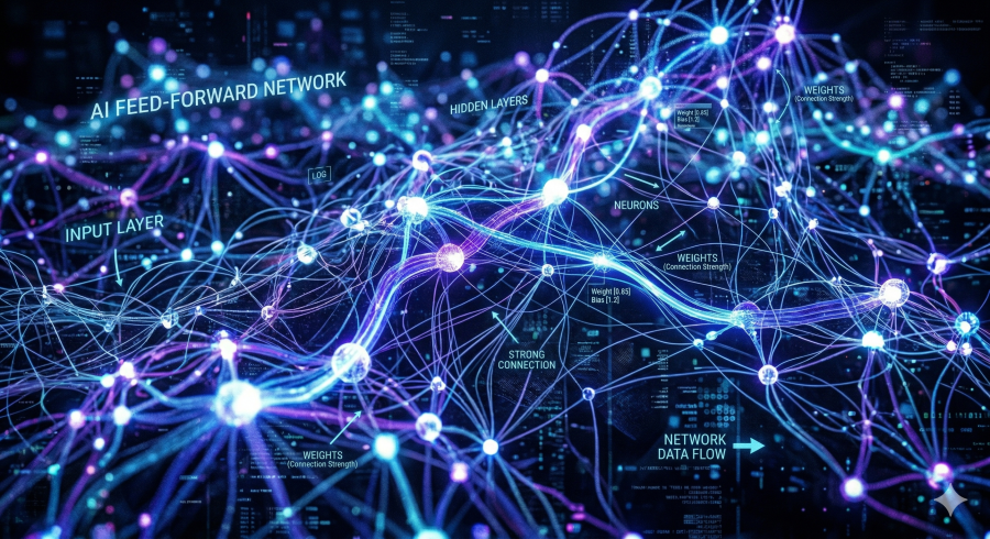 Neuron drawing with input layer, network data flow and weights.