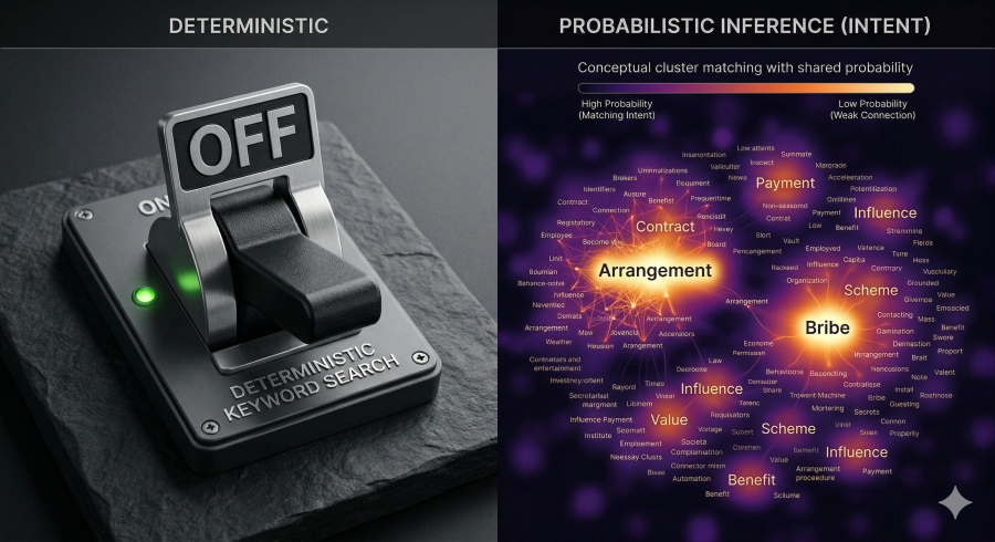 On off deterministic keyword search contrasted to a probablistic word cloud showing connections.