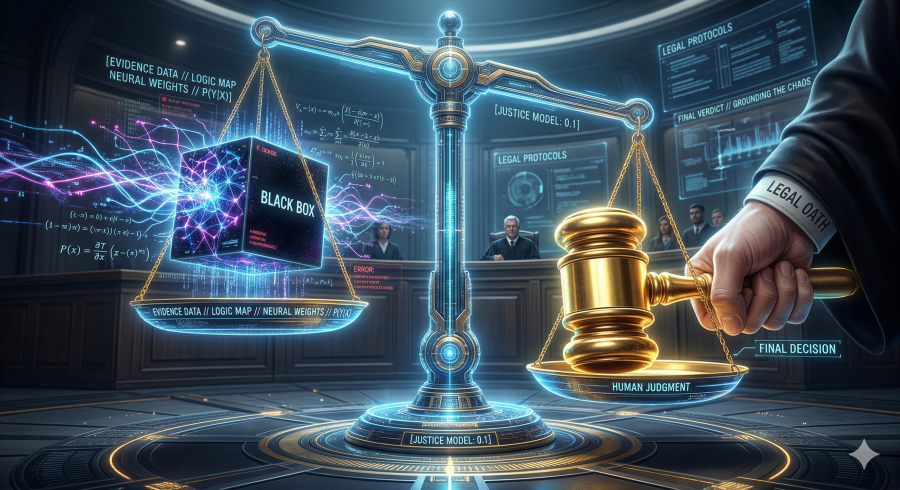 Scales of justice in a high tech courtroom, black box lighter than human judgement (gavel).