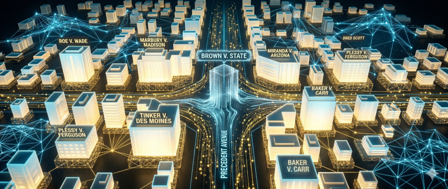 Street from above, with buildings representing cases, along "precedent avenue"