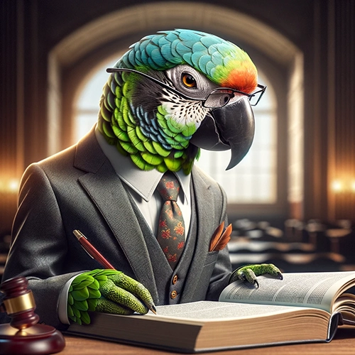 Parrot head on suited man reading a law book.