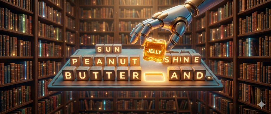Crossword table in a library with a robot hand putting the word "jelly" on a scrabble board near "butter".