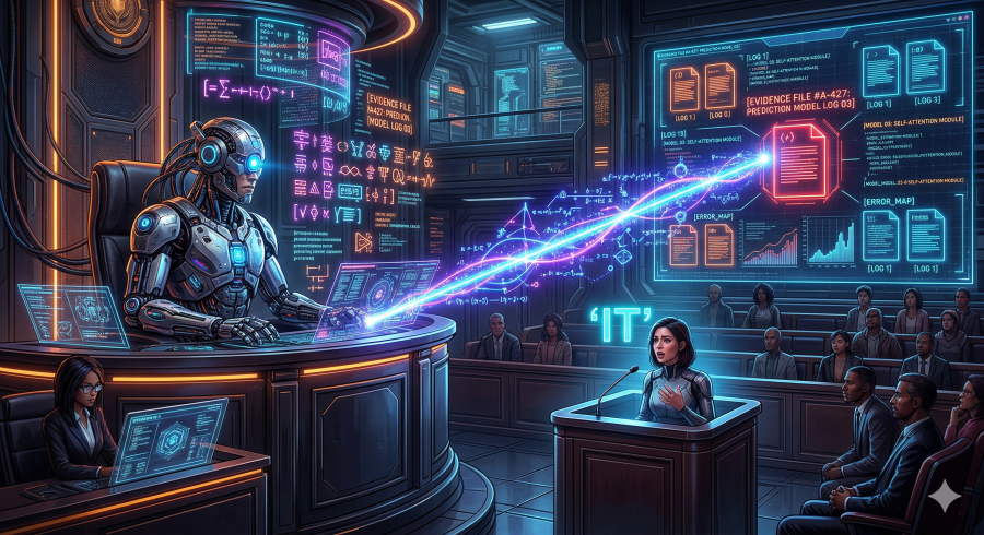 Robot judge with human in witness box, big screen on the wall.