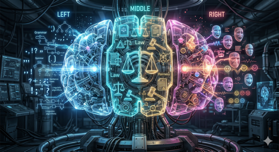 Left and right brain representation with legal symbols in the center.