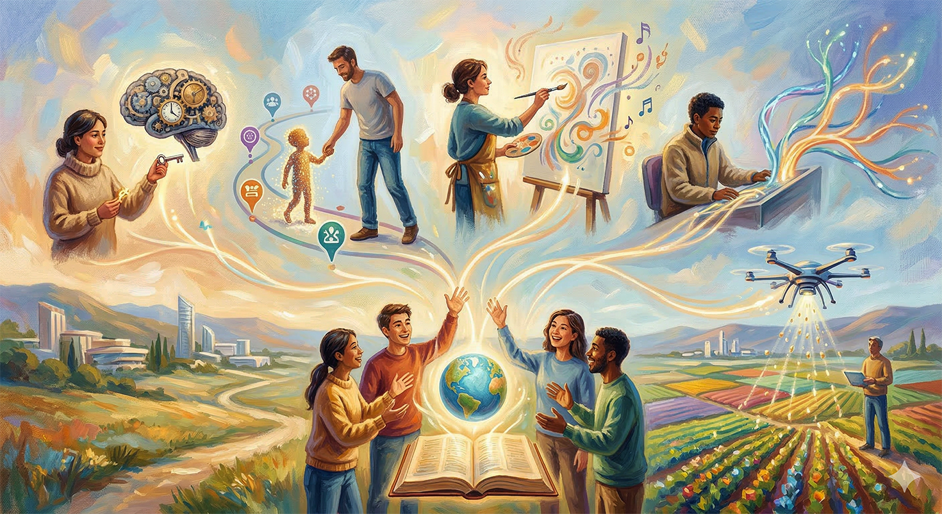 bucolic scene with a farmer, children learning, artist, childcare, music