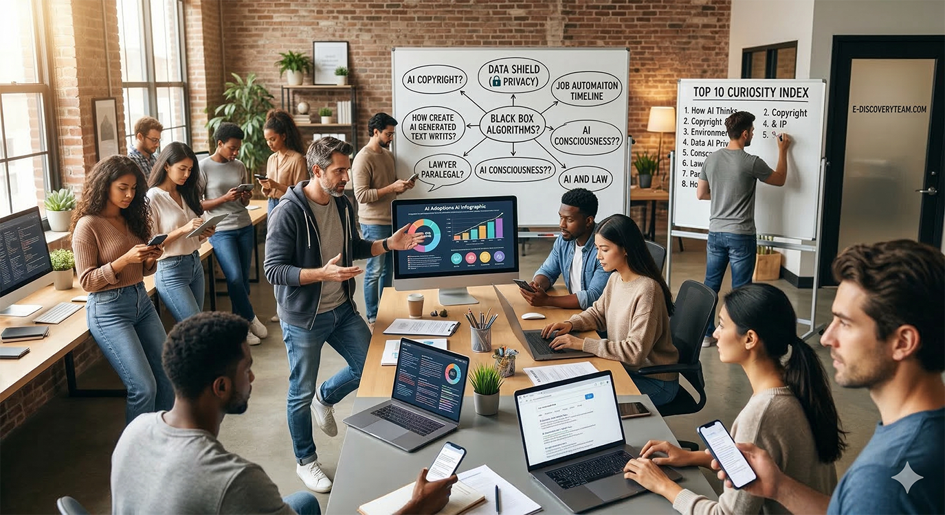 Crowded open concept office with young professionals working together, building the curiosity index on a whiteboard
