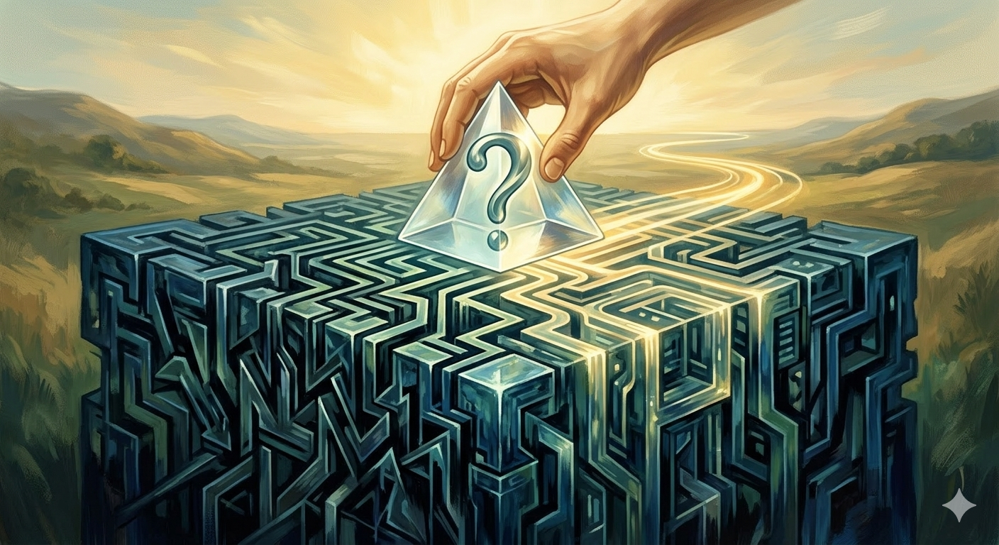 cube maze with translucent pyramid on top, with question mark, and human hand placing it in the center.