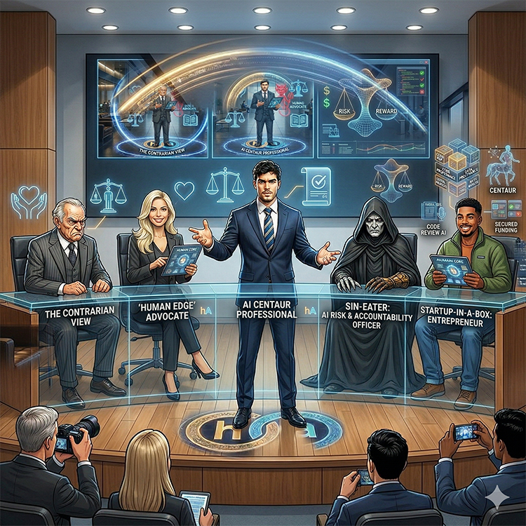 All of the previous characters sitting down for a panel discussion in front of an audience, the AI Centaur Professional standing to speak.