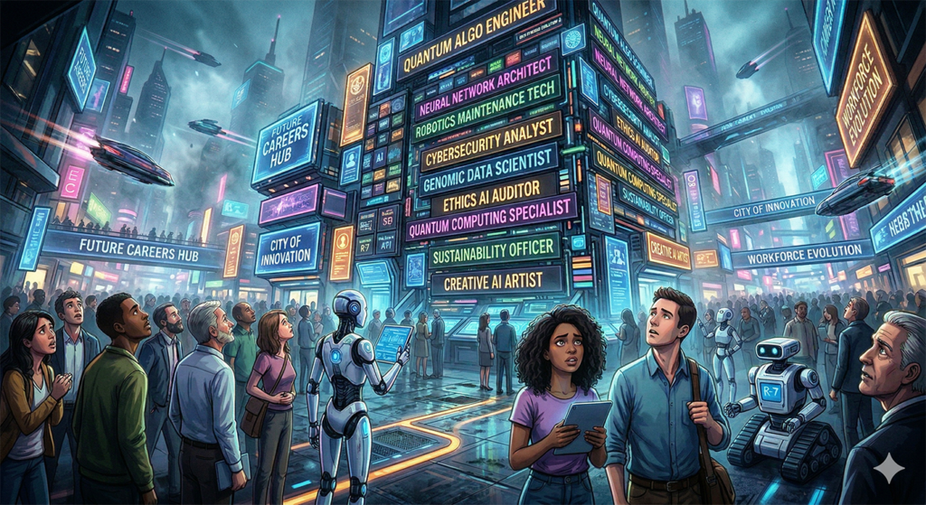 Crowded futuristic city street, humans looking up at lighted signs for the workforce evolution, robots on the street as well