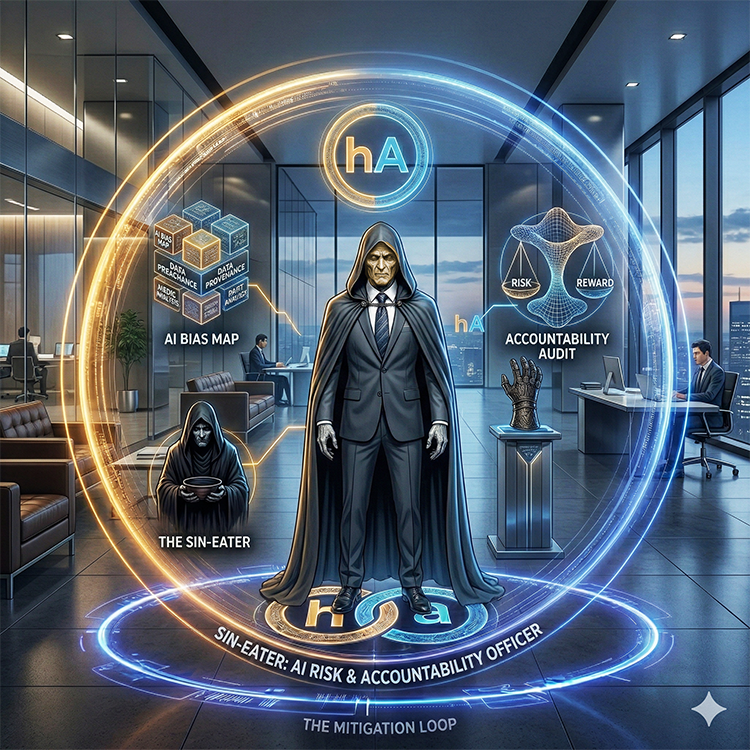 Sin eater in hooded robe looking down, for accountability auditing and  an AI bias map.