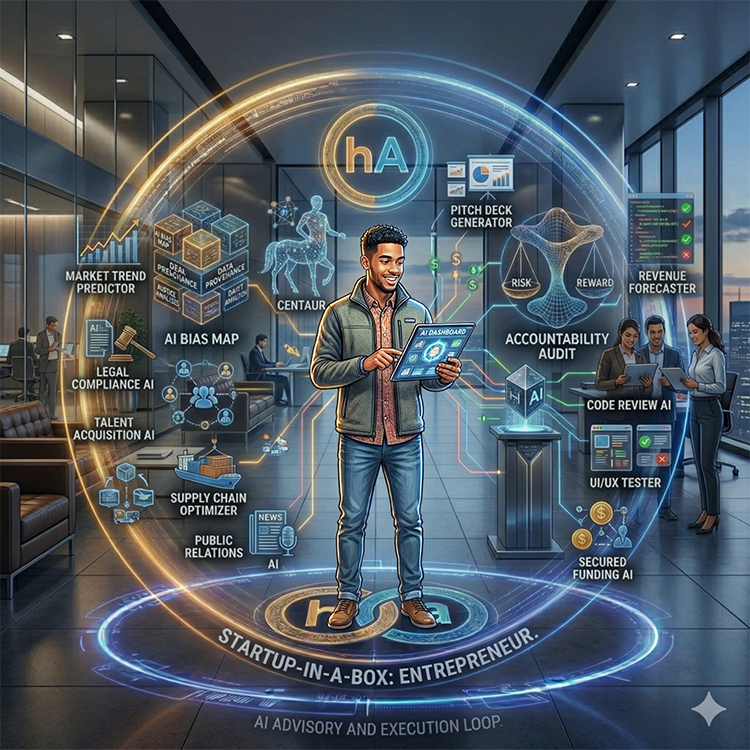 Young entrepreneur with AI tools like a revenue forecaster, pitchdeck generator, PR etc.