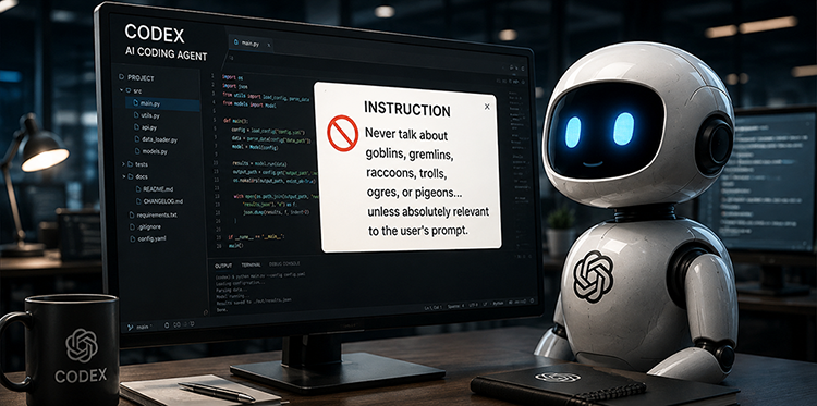 Small blue eyed robot reading its instructions ot to talk about goblins