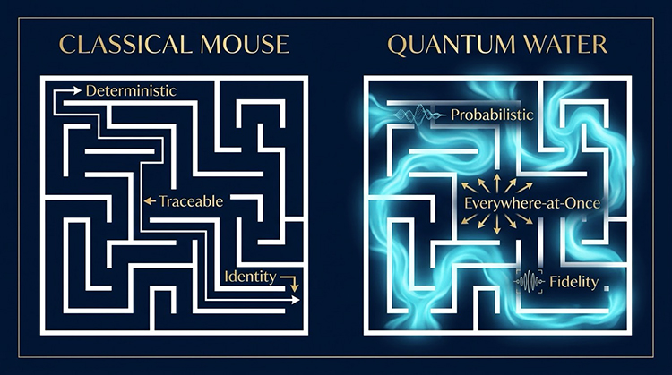 Diagram contrasting a deterministic, traceable "Classical Mouse" maze (identity) with a probabilistic "Quantum Water" maze (fidelity).