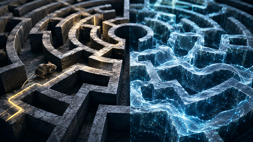 Split maze with a mouse in stone corridors beside glowing quantum water, contrasting classical and quantum-generated evidence.