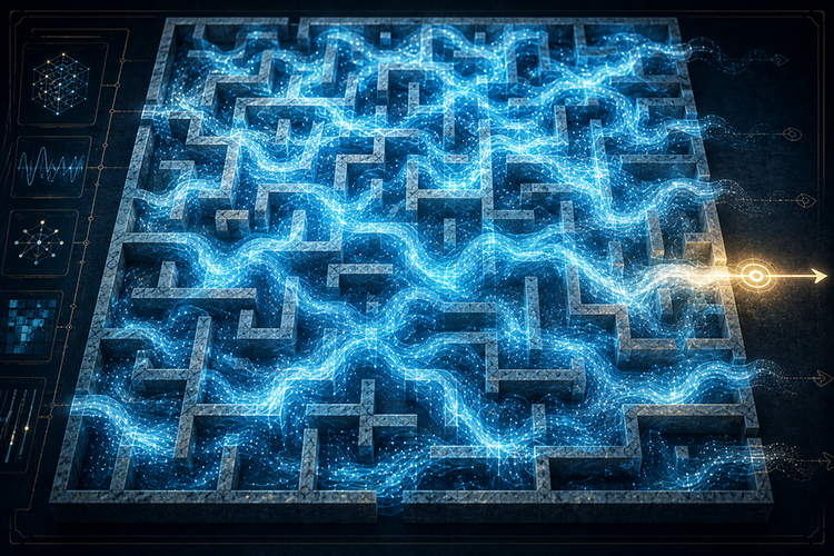 Glowing blue wave flooding a maze at once and exiting one lit corridor, illustrating how quantum search reshapes the path.