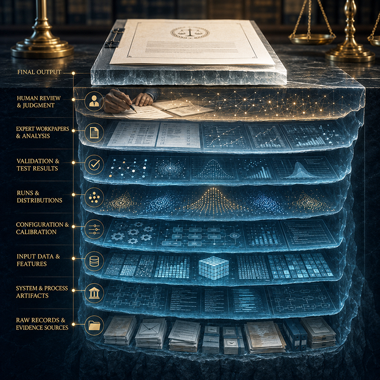 Layered evidence stack with a final report on top and calibration logs, validation runs, and raw records preserved beneath.