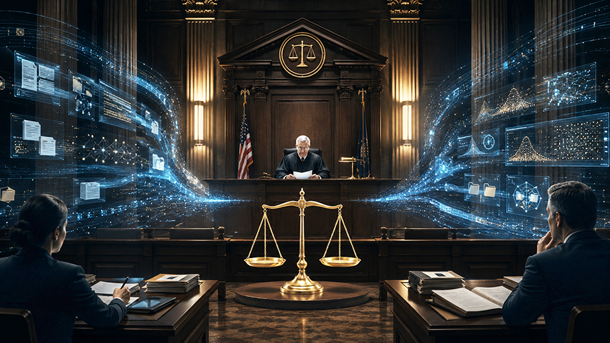 Judge presiding over a courtroom with scales of justice as streams of digital data and charts flow past both attorneys.