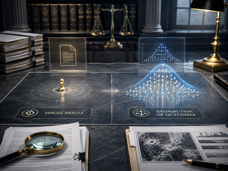 Attorney's desk display contrasting a single pinned result with a bell-curve distribution of outcomes, scales of justice in background.