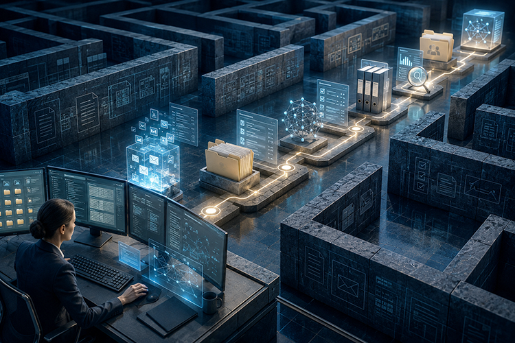 Professional at multiple monitors tracing a lit path through a maze of document and data icons, representing eDiscovery trail-following.