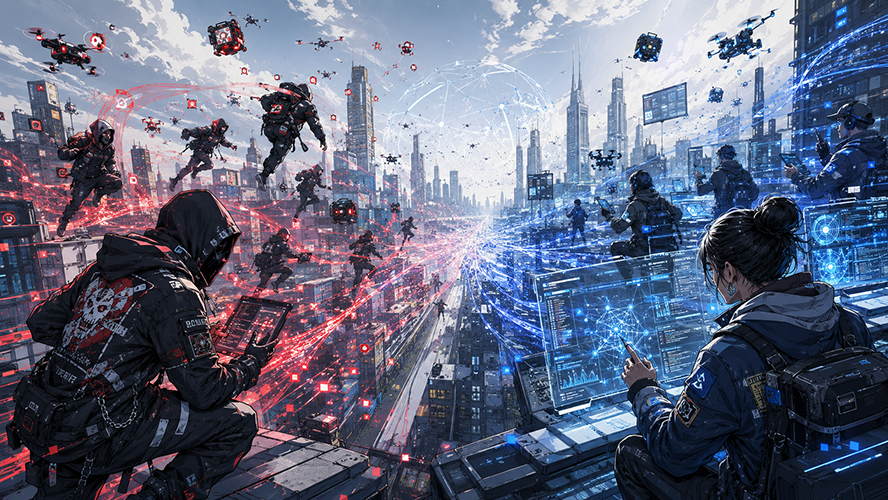 Punk style, blue team (defense) hackers on the right, red team hackers in hoodies flying through the air.