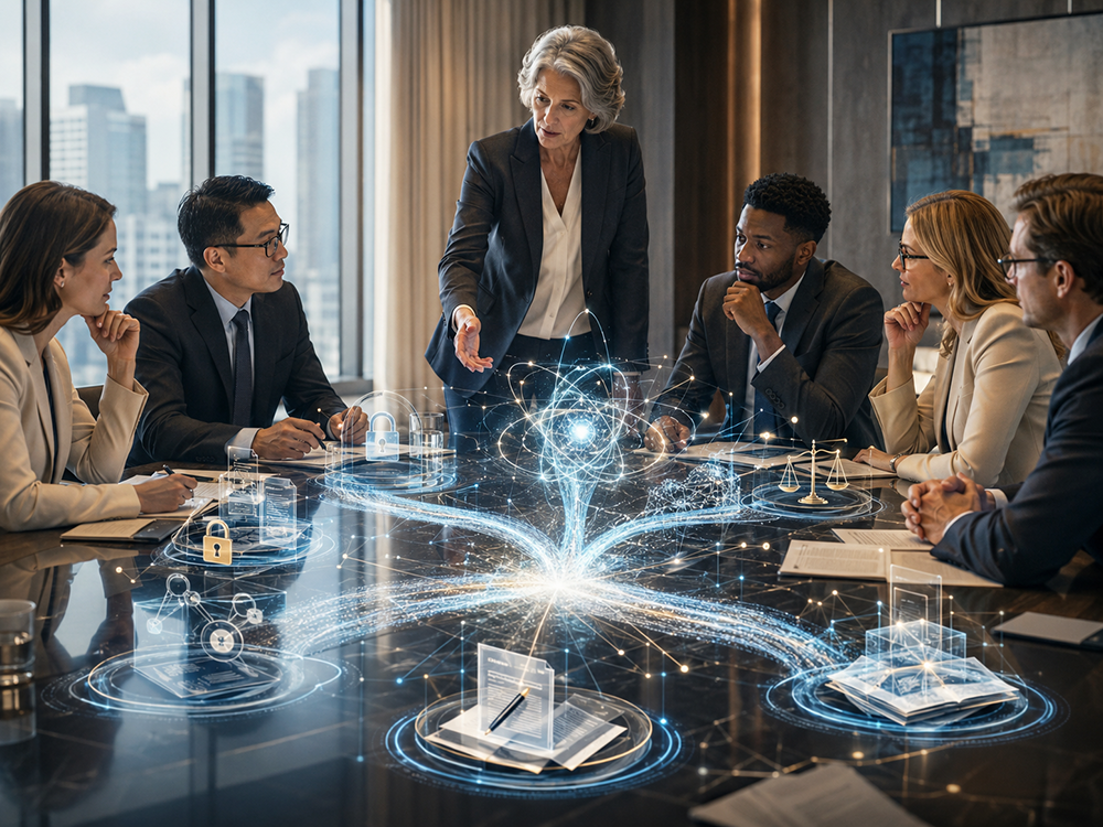 Discussion around a table centered on holographic digital elements.