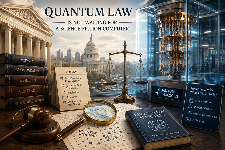 Quantum Law is not waiting for a science fiction computer.  Physics books, law books with a US capitol backdrop