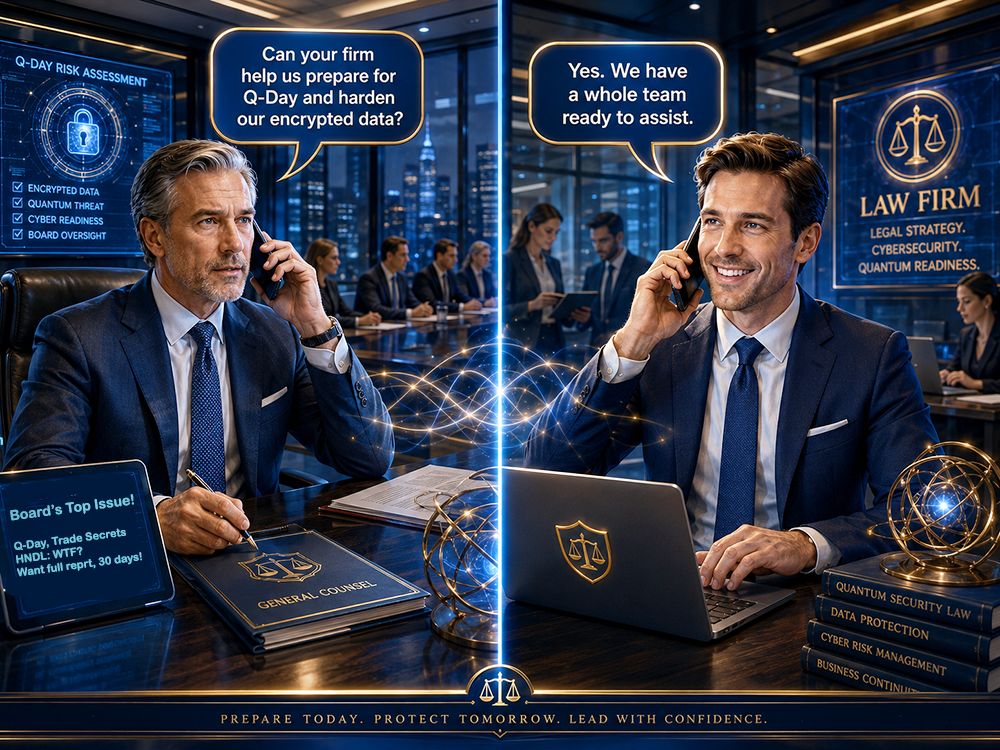 2 futuristic lawyers on the phone, one asks, "Can your firm help us prepare for Q-Day and harden our encrypted data?" and the other answers, "Yes. We have a whole team ready to assist."