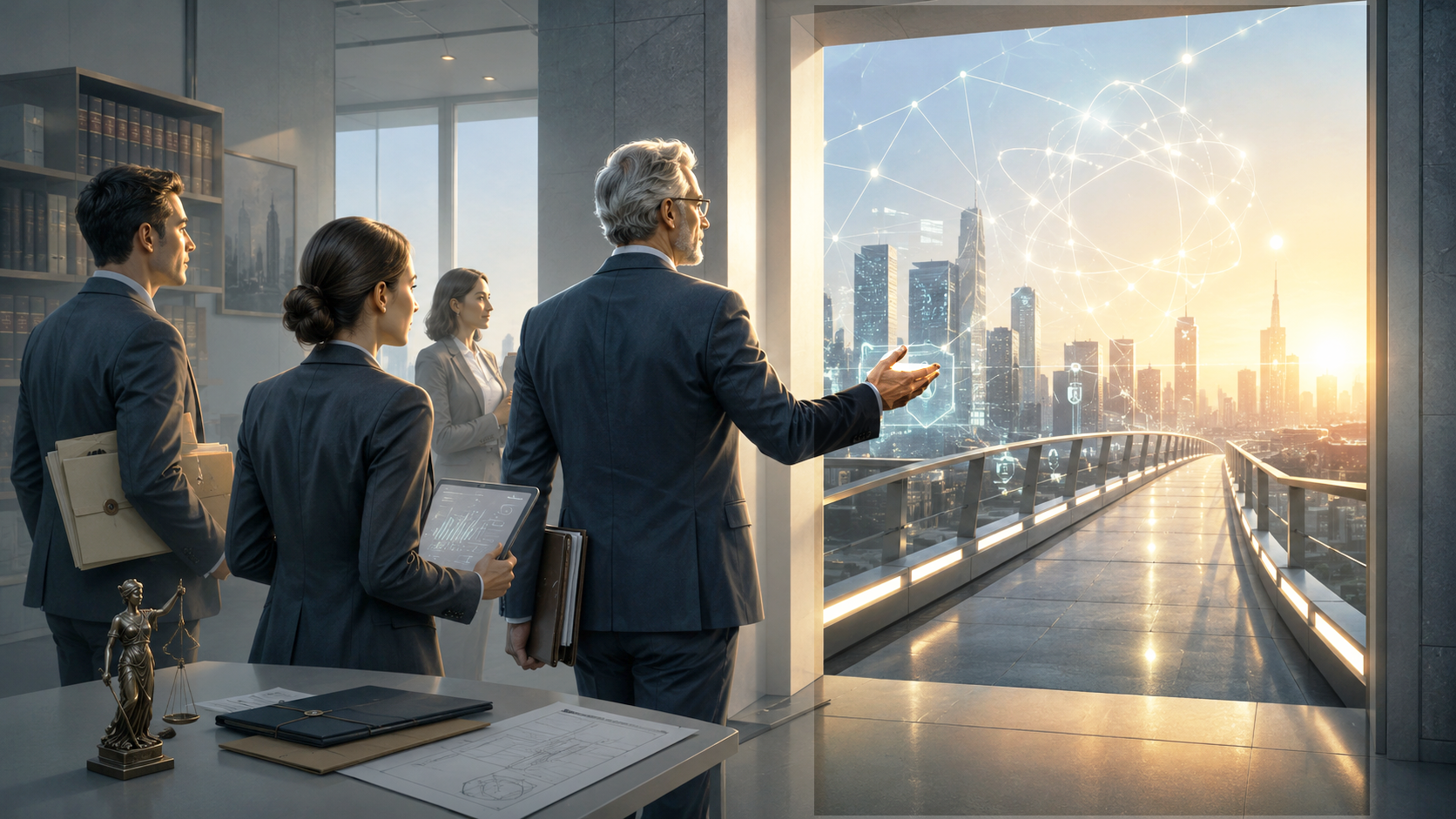 Attorney pointing to a bright bridge to a shining city to has younger associates.