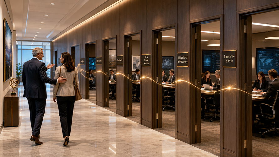 Lawyer and client at elevator bank in high end building.