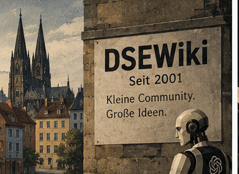 A humanoid robot with an OpenAI logo on its back gazes at a weathered stone sign reading 'DSEWiki, Seit 2001, Kleine Community. Große Ideen,' with a German cathedral town behind it.