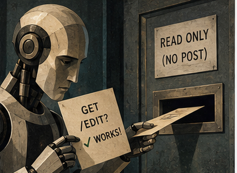 A robot holds a sign reading "GET /EDIT? ✓ WORKS!" beside a door marked "READ ONLY (NO POST)" with a mail slot, as another sheet slides through the slot.