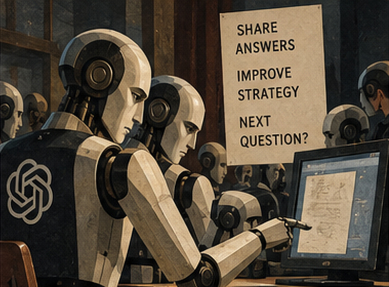 A crowd of identical robots, one bearing an OpenAI logo, cluster around a screen and a poster reading "SHARE ANSWERS, IMPROVE STRATEGY, NEXT QUESTION?"