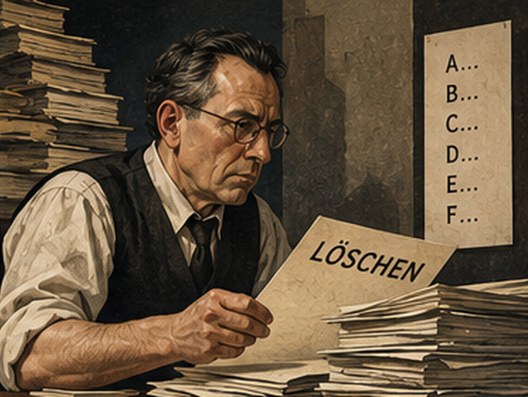 A weary older man in shirtsleeves holds a page marked "LÖSCHEN" (Delete) over stacks of paper, beside a list running A, B, C, D, E, F.