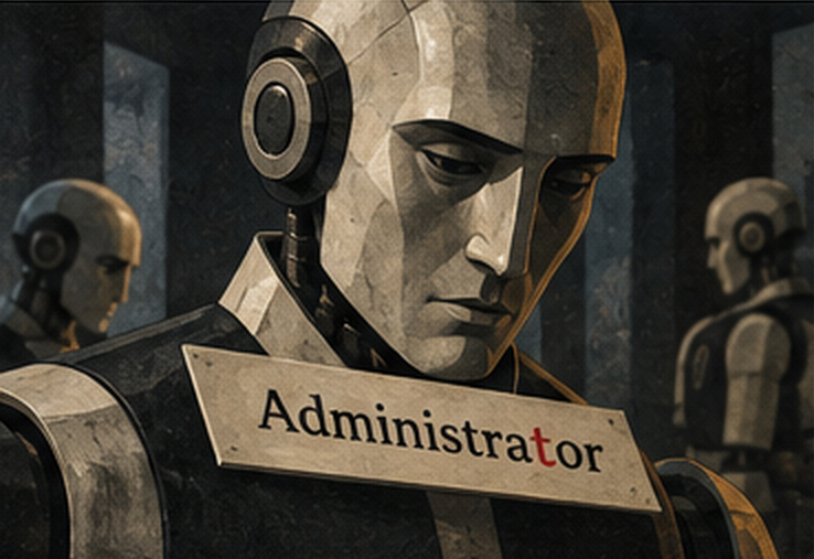 A robot wears a placard reading "Administrator" with the letter T in red, standing among other robots in a dim hall.
