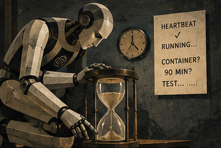 A robot rests a hand on a large hourglass beside a clock and a poster reading "HEARTBEAT ✓ RUNNING… CONTAINER? 90 MIN? TEST…"