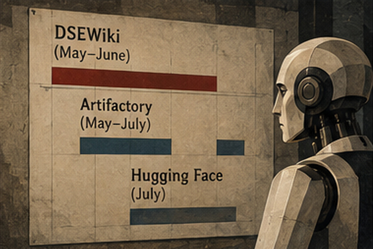 A robot studies a wall chart of overlapping bars labeled "DSEWiki (May–June)," "Artifactory (May–July)," and "Hugging Face (July)."