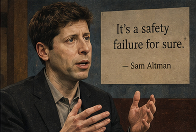 Sam Altman gestures mid-interview beside a panel reading "It's a safety failure for sure. — Sam Altman."