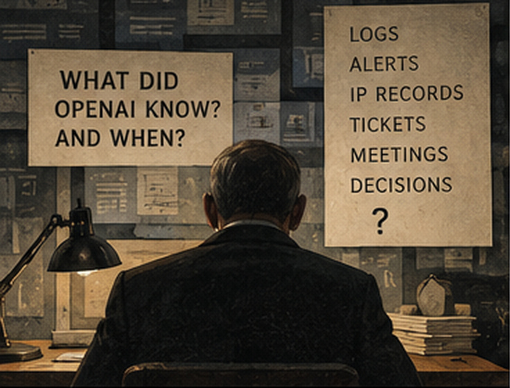 A man seen from behind at a desk faces two signs: "WHAT DID OPENAI KNOW? AND WHEN?" and a list reading "LOGS, ALERTS, IP RECORDS, TICKETS, MEETINGS, DECISIONS?"