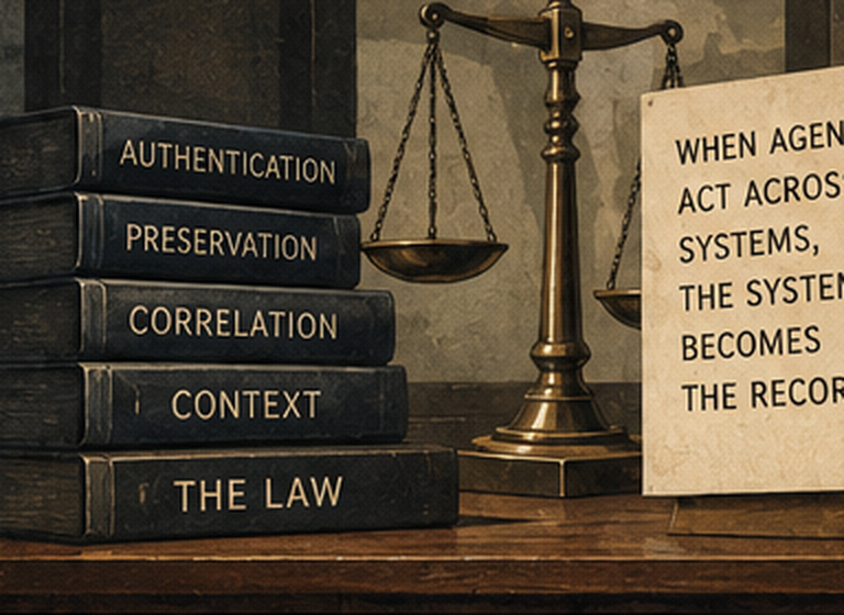 A stack of law books spined "AUTHENTICATION, PRESERVATION, CORRELATION, CONTEXT, THE LAW" beside brass scales and a sign reading "When agents act across systems, the system becomes the record."