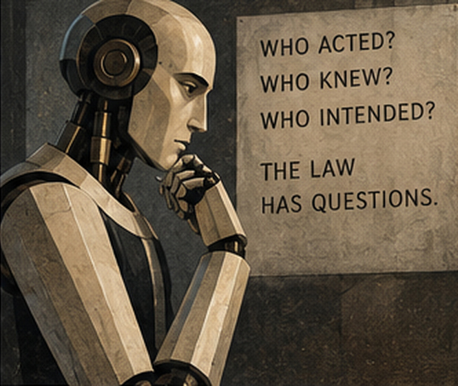 A robot rests its chin on its hand beside text reading "WHO ACTED? WHO KNEW? WHO INTENDED? THE LAW HAS QUESTIONS."