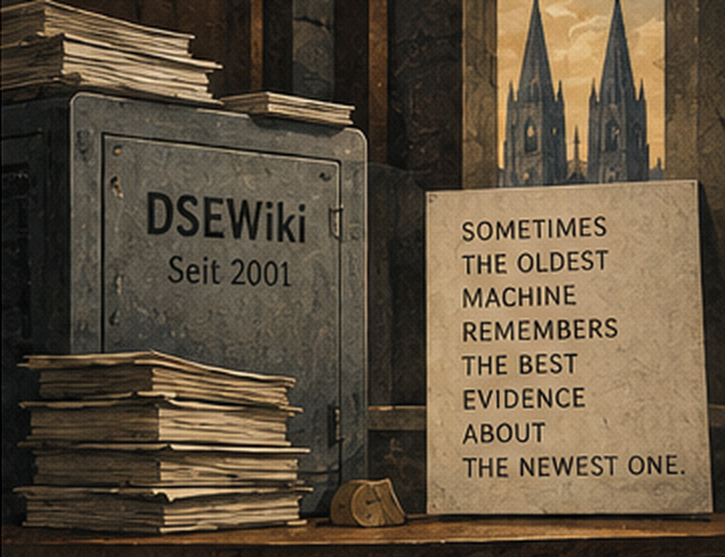 An old vault door marked "DSEWiki, Seit 2001" amid stacks of paper, beside a sign reading "Sometimes the oldest machine remembers the best evidence about the newest one."