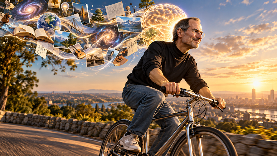 An artistic rendition of Steve Jobs riding a bicycle against a skyline with a setting sun in the distance. Hovering behind Jobs's head is an illustration of a glowing brain trailed by various feats of human creation and advancement such as a guitar, a photograph of a mountain, a statue, buildings, bridges, galaxies, and lightbulbs.