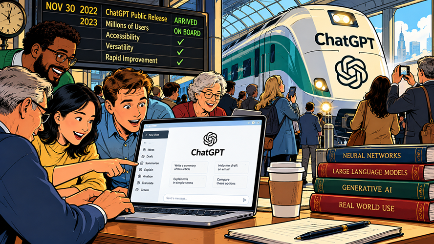 An artistic image of a train station. The large, futuristic train reads ChatGPT. Around the train, people have gathered and are looking excitedly at the train, some taking photos. On the signboard, it reads, "Nov. 30 2022, ChatGPT Public Release: Arrived. 2023, Millions of Users: On Board. Accessibility, check. Versatility, check. Rapid Improvement, check." At a desk framing the train station, several people are excitedly crowded around a laptop that has the ChatGPT homepage displayed on it.
